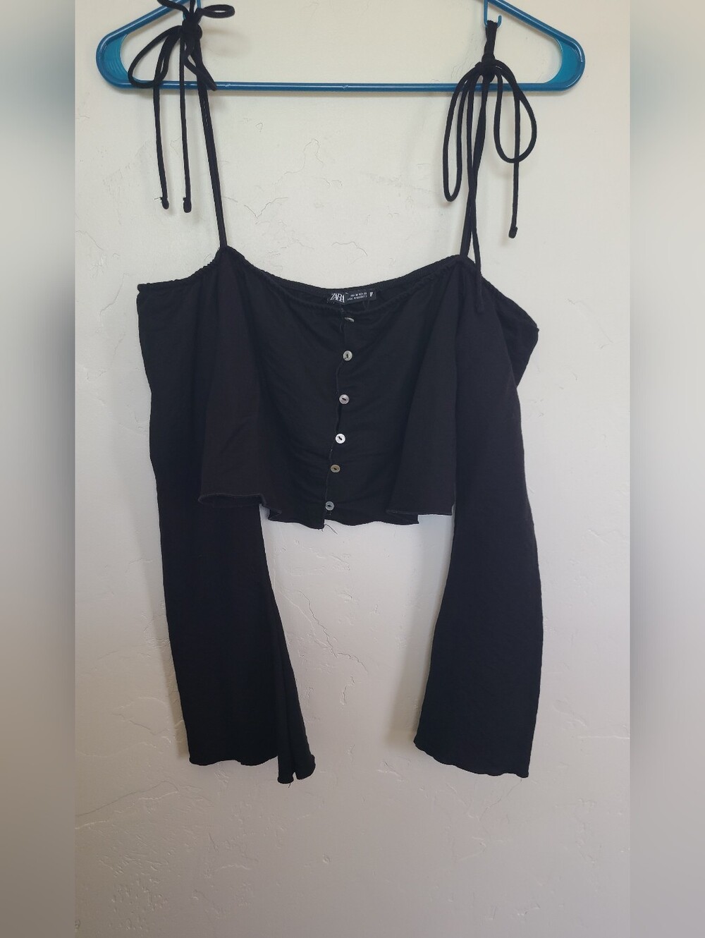 Zara Black Tie-Shoulder Button Crop Top With Flarr Sleeves Size M